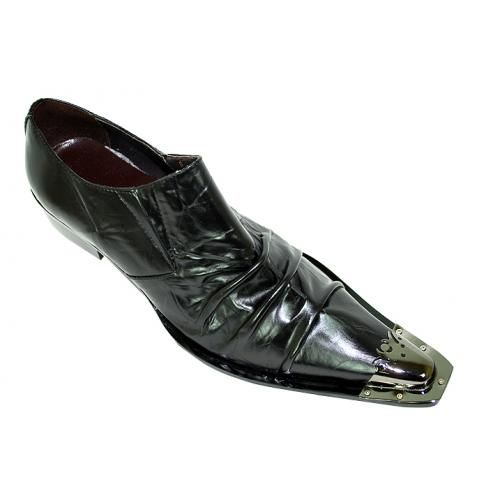 Fiesso Black Pleated Pointed Toe Metal Tip Leather Shoes FI6207